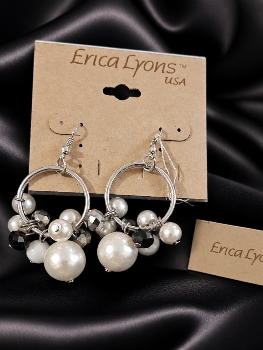 Erica Lyons Silver Hoop Earrings with White Pearls and Black Faceted Beads